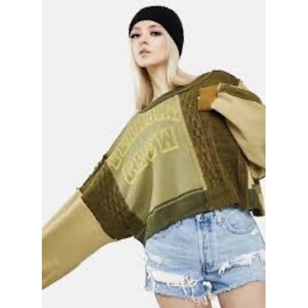 Free People Stateside Pullover Sweatshirt Olive Mustard Patchwork Graphic Small